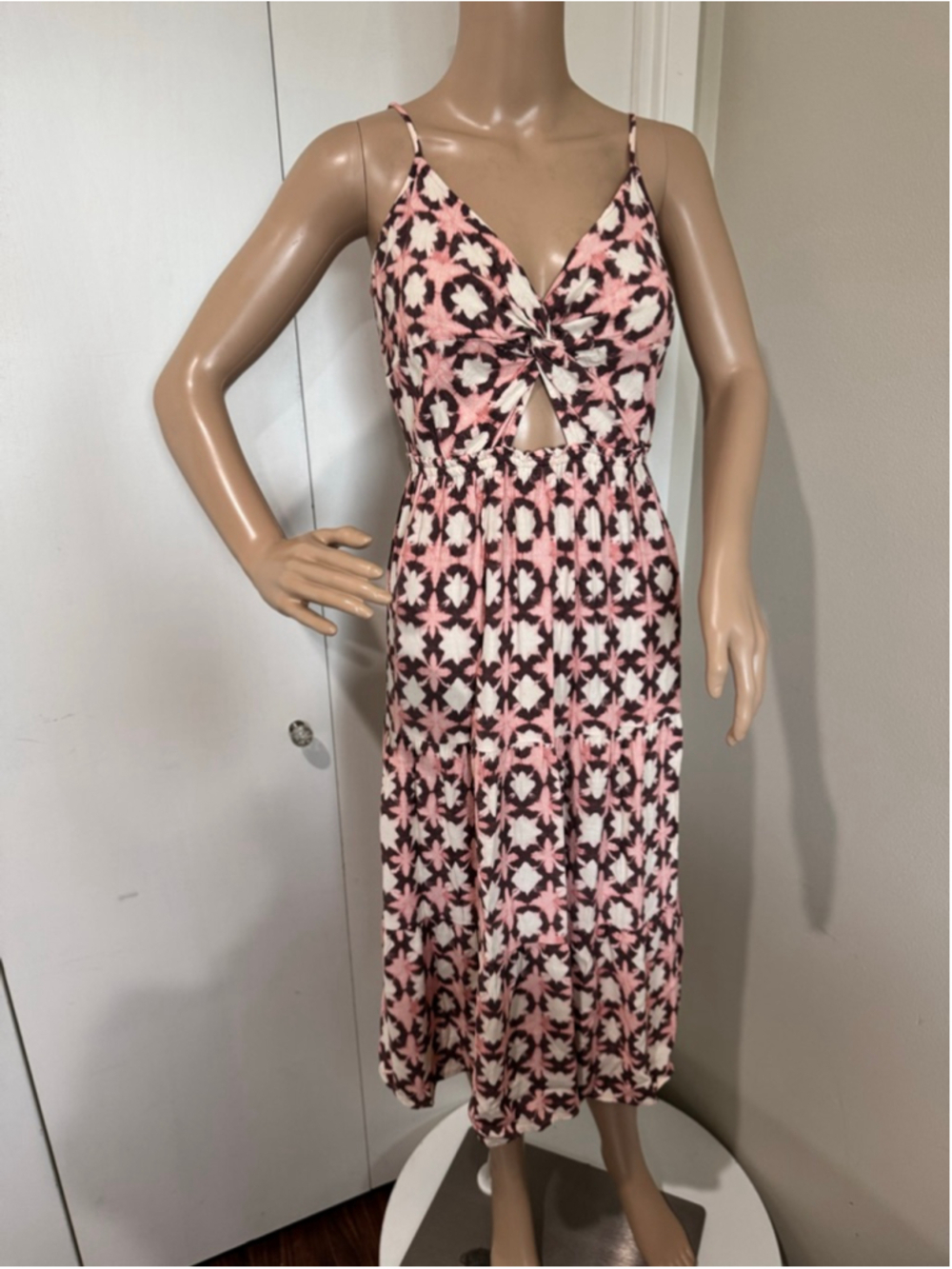 Women's LOFT Petite maxi Dress 6P Pink Brown cut out Tie-Front adjustable straps